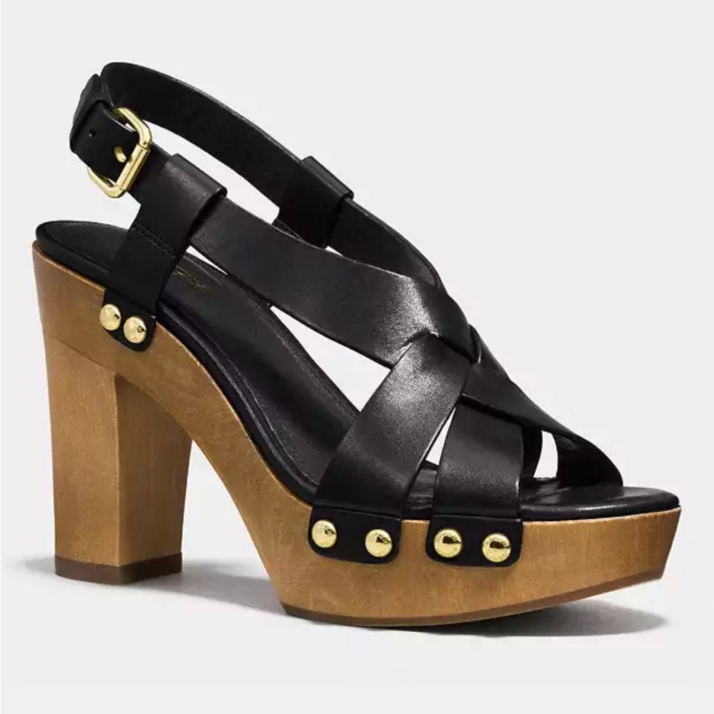 Coach Adessa Heeled Leather Sandals Size 7 Black